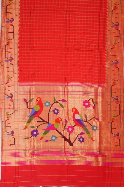 Paithani Silk Checks Red Saree With Akruthi Border