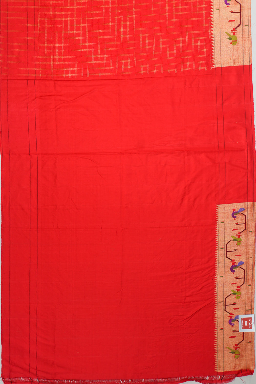 Paithani Silk Checks Red Saree With Akruthi Border