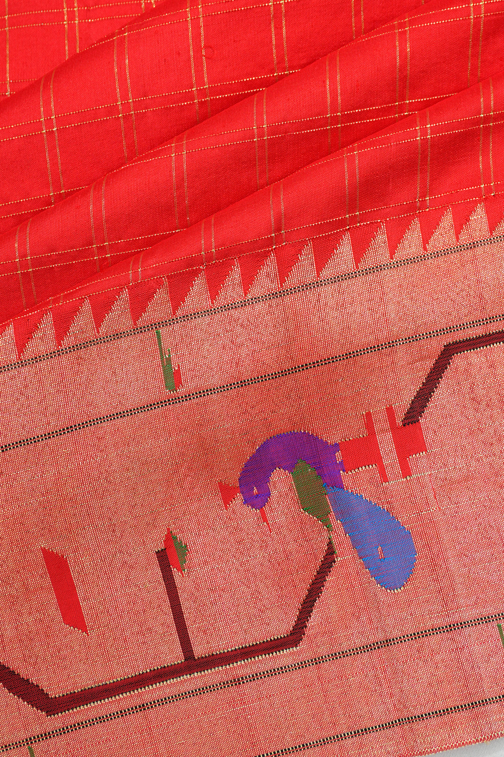Paithani Silk Checks Red Saree With Akruthi Border