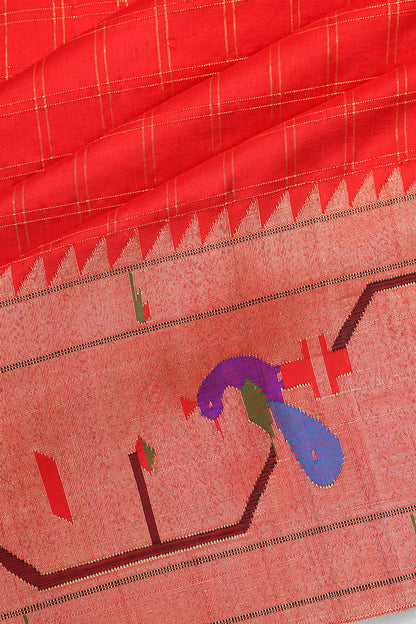 Paithani Silk Checks Red Saree With Akruthi Border