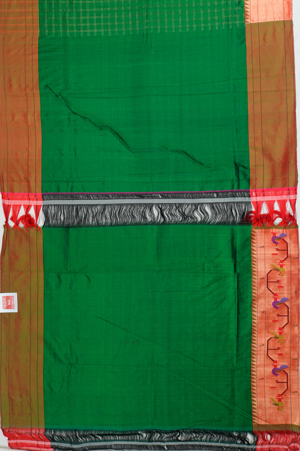Paithani Silk Checks Green Saree With Akruthi Border