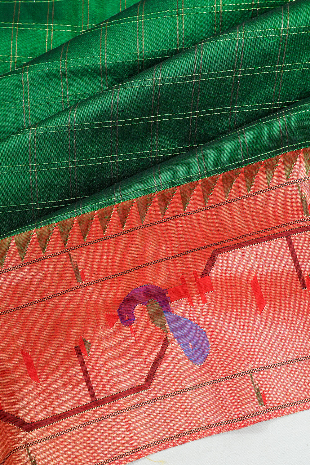 Paithani Silk Checks Green Saree With Akruthi Border