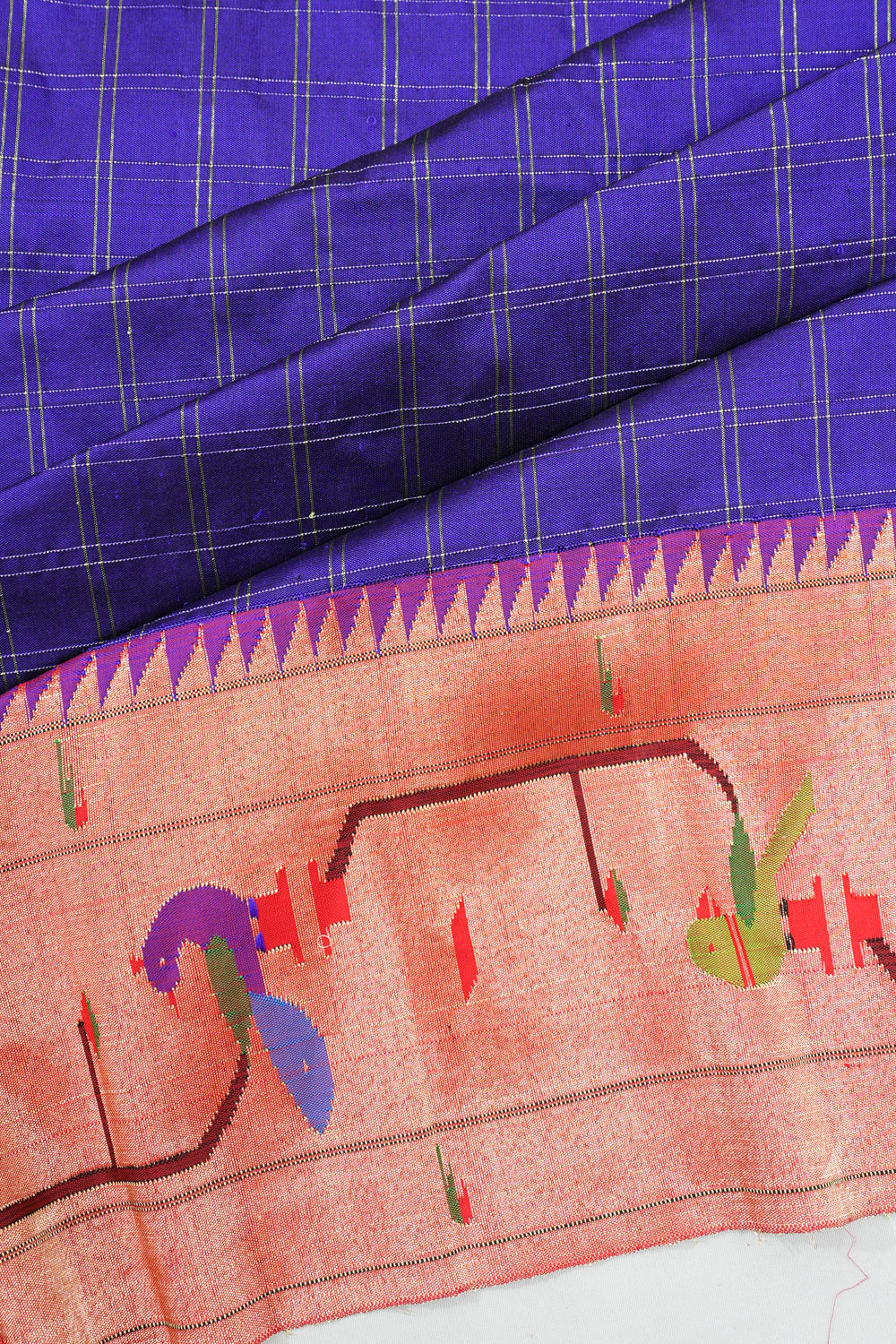 Paithani Silk Checks Royal Blue Saree With Akruthi Border
