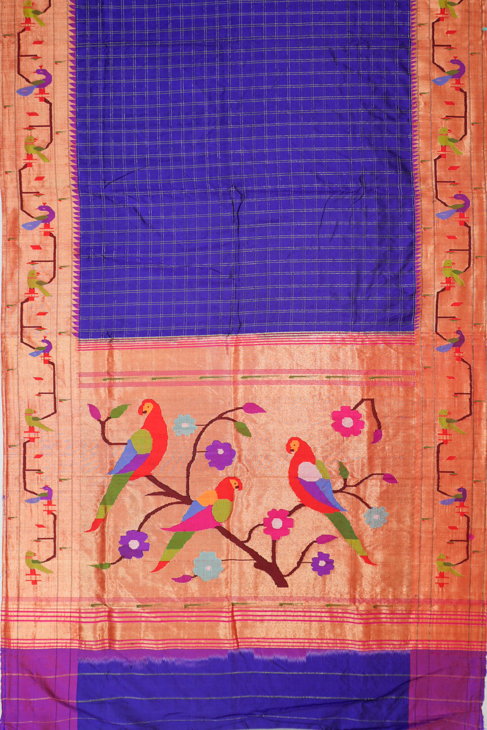 Paithani Silk Checks Royal Blue Saree With Akruthi Border