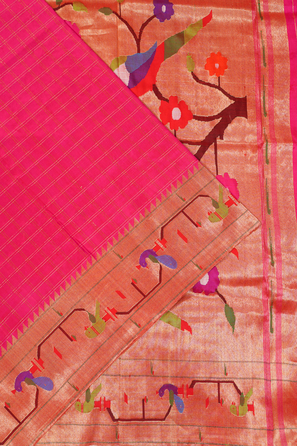 Paithani Silk Checks Pink Saree With Akruthi Border