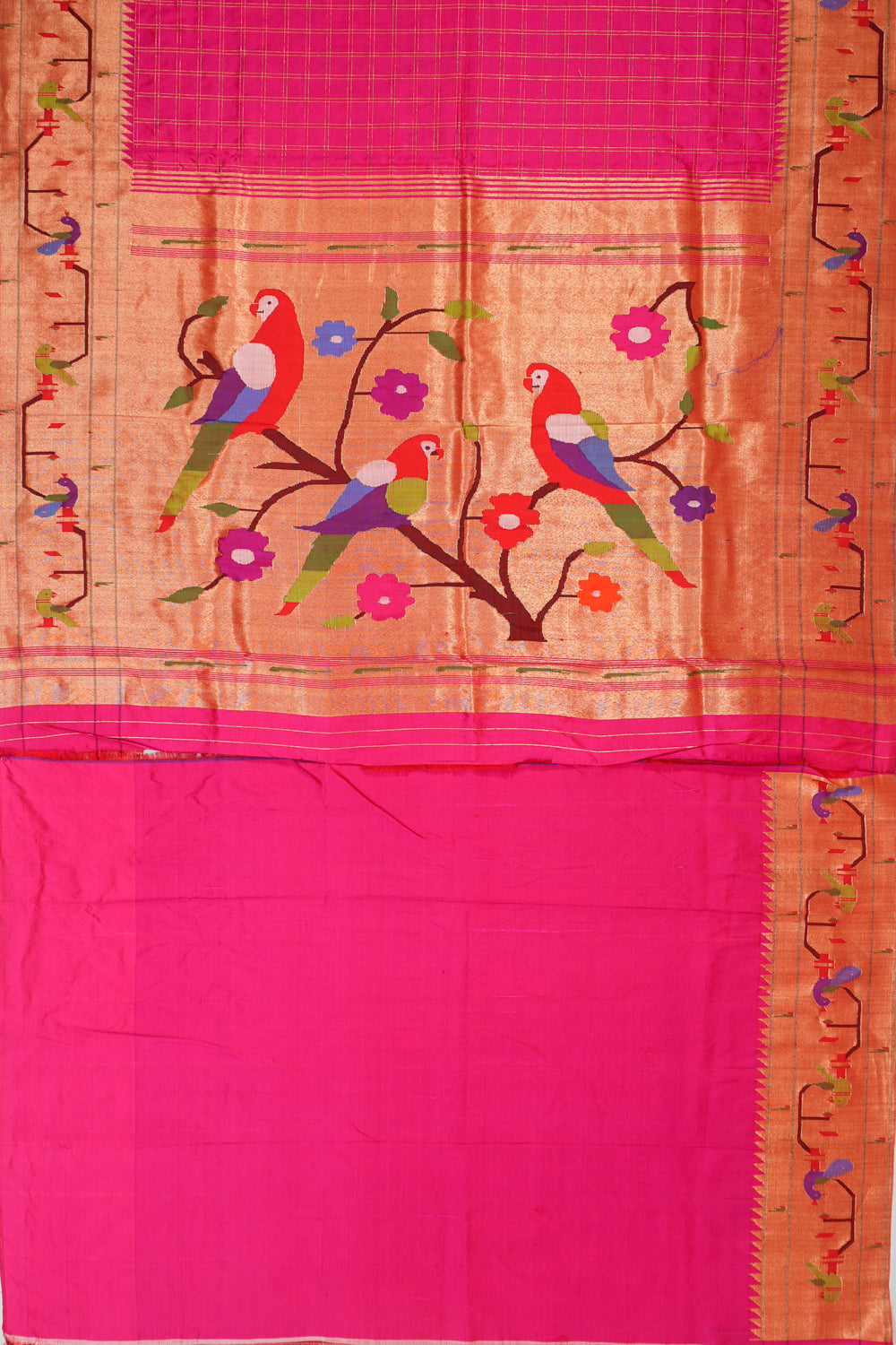 Paithani Silk Checks Pink Saree With Akruthi Border