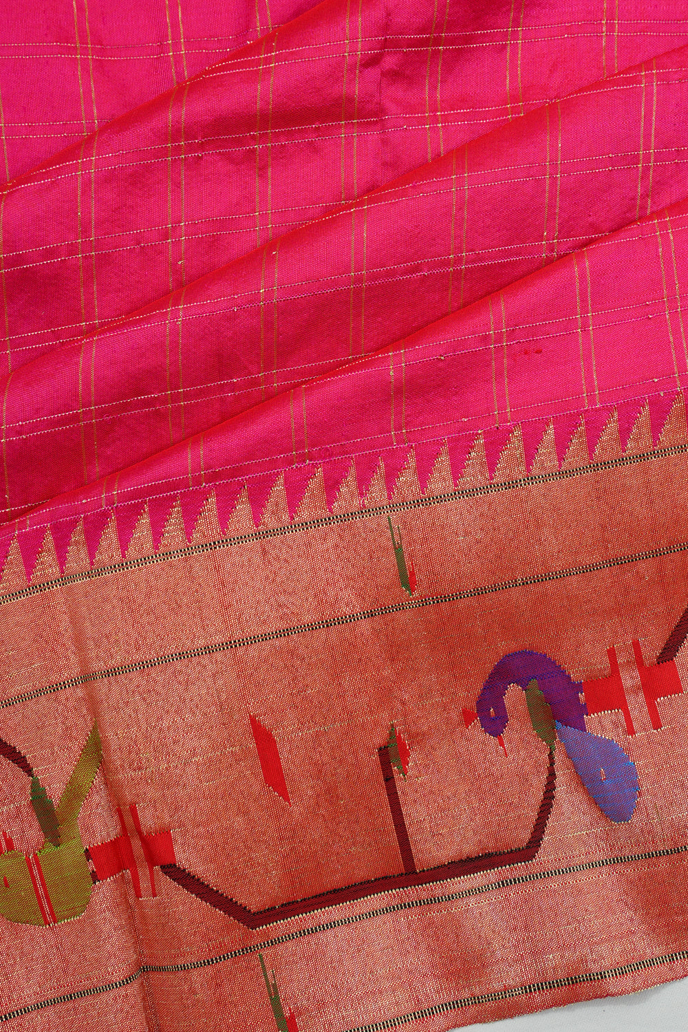 Paithani Silk Checks Pink Saree With Akruthi Border