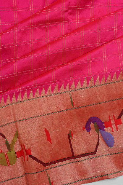 Paithani Silk Checks Pink Saree With Akruthi Border