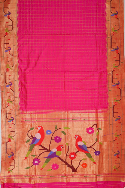 Paithani Silk Checks Pink Saree With Akruthi Border