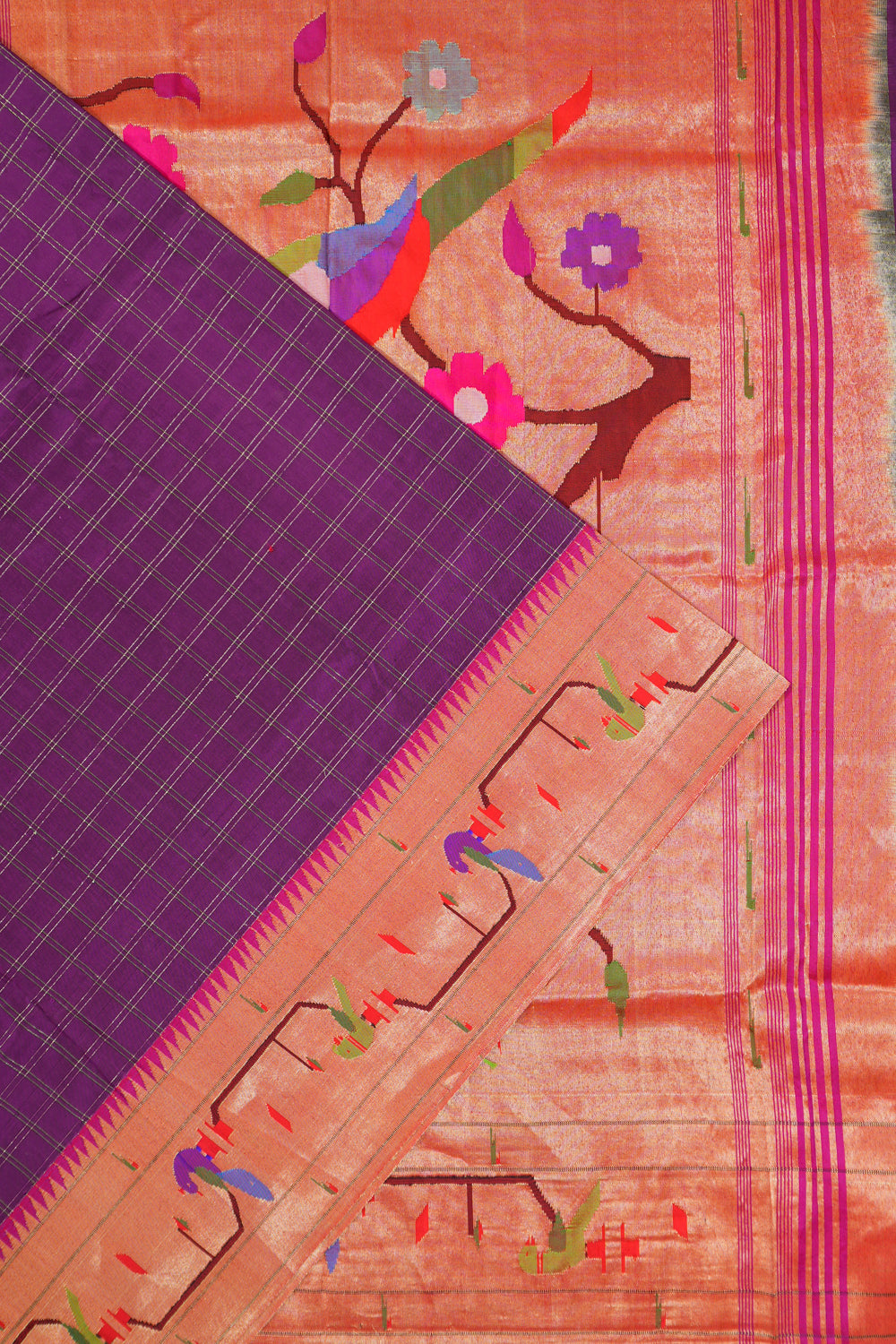 Paithani Silk Checks Purple Saree With Akruthi Border