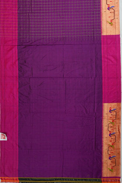 Paithani Silk Checks Purple Saree With Akruthi Border