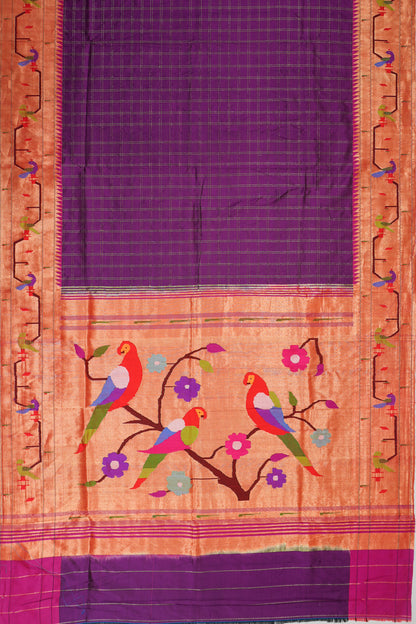 Paithani Silk Checks Purple Saree With Akruthi Border