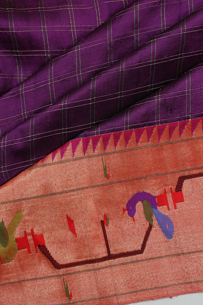 Paithani Silk Checks Purple Saree With Akruthi Border