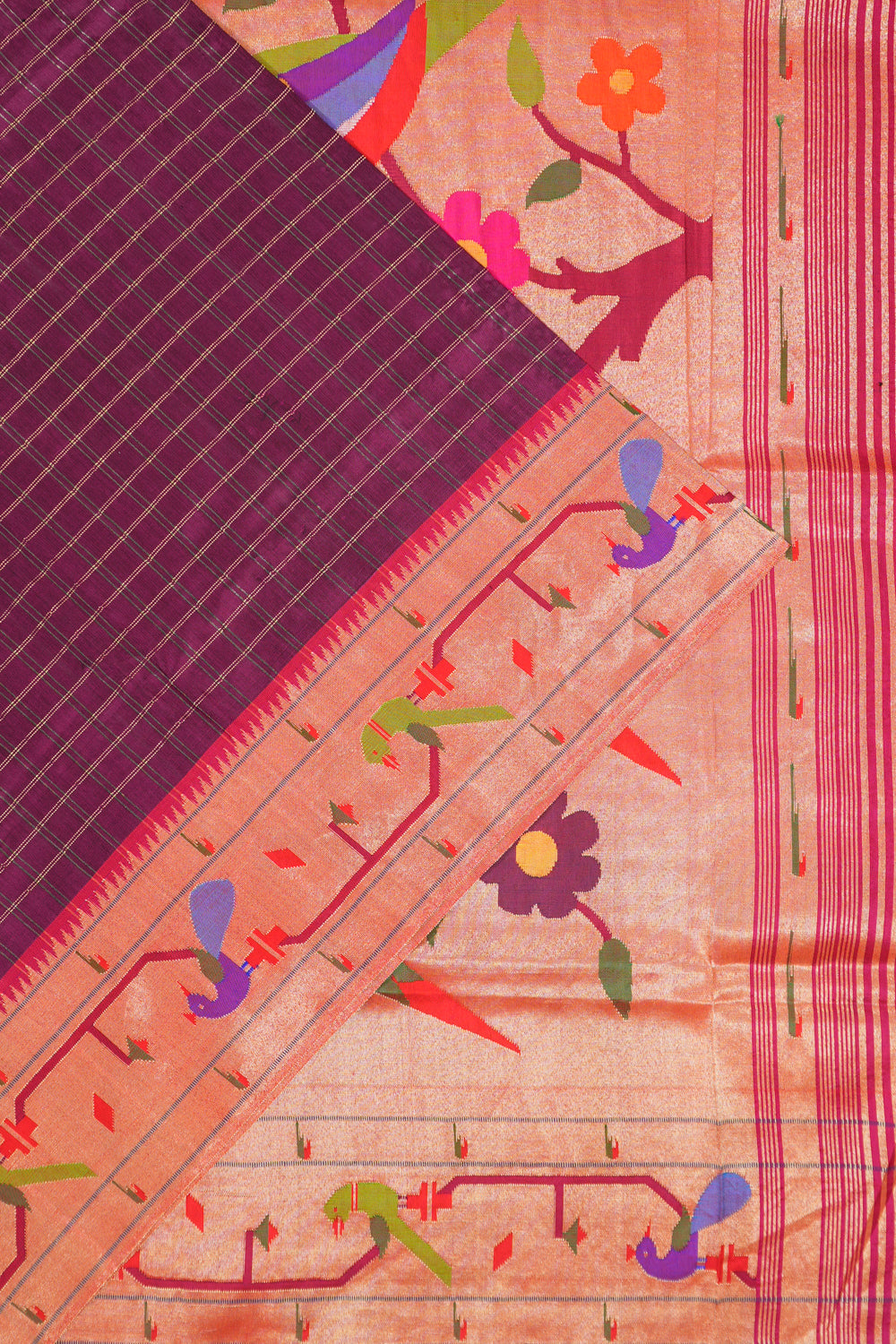 Paithani Silk Checks Purple Saree With Akruthi Border