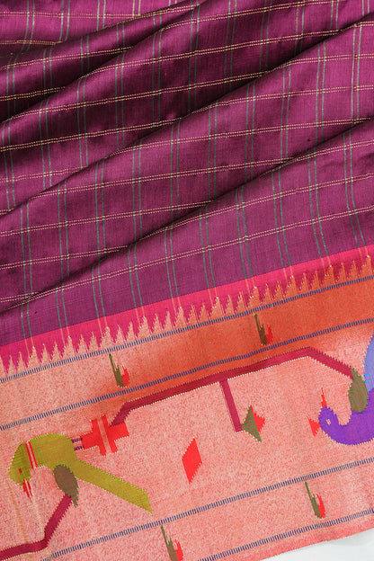 Paithani Silk Checks Purple Saree With Akruthi Border