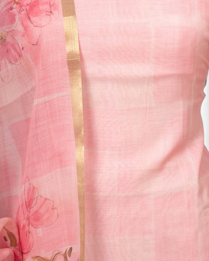 Linen Lines And Butta Pink Salwar Suit Set Set W/O Bottom
