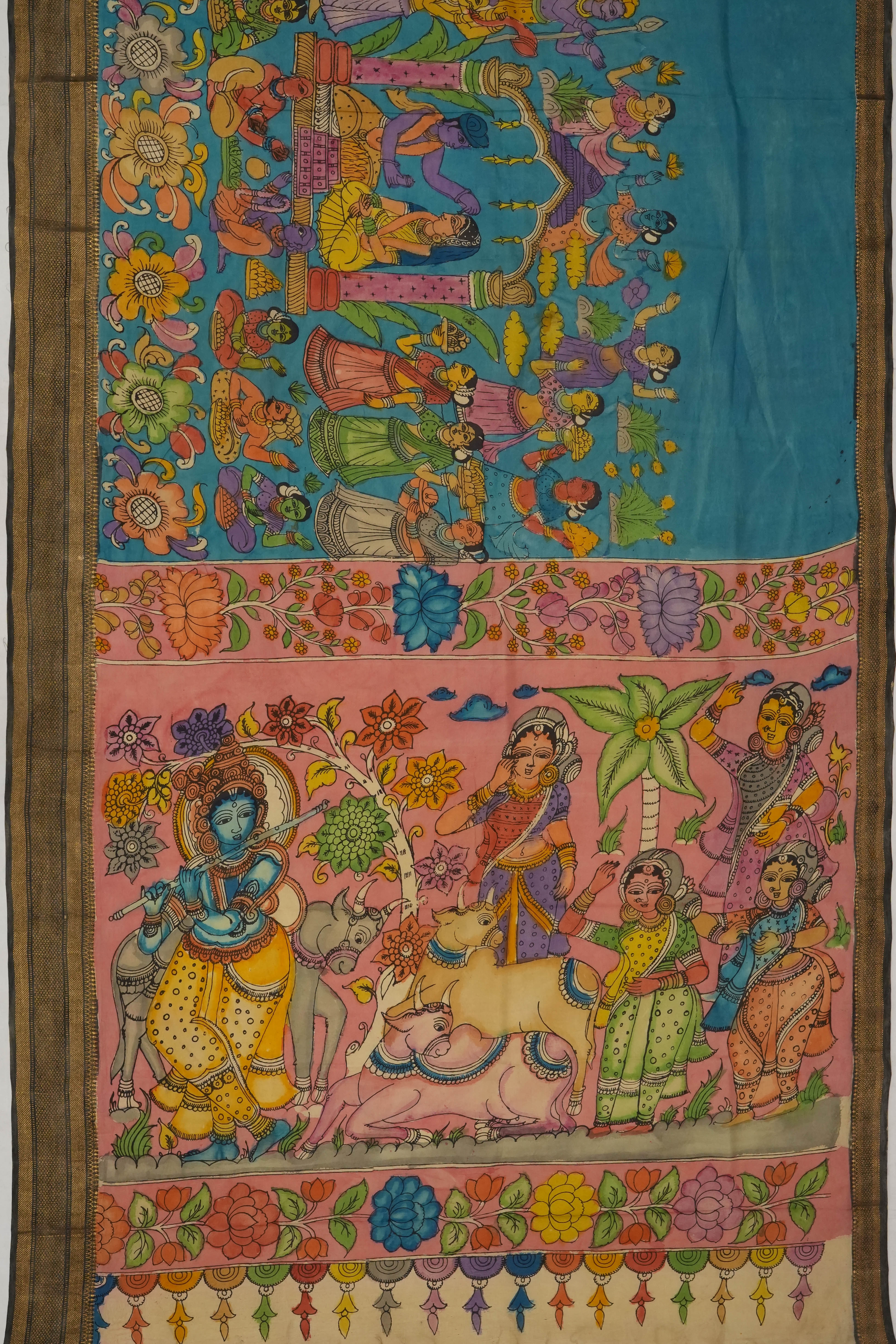 Kalamkari Silk Hand Painted Blue Saree