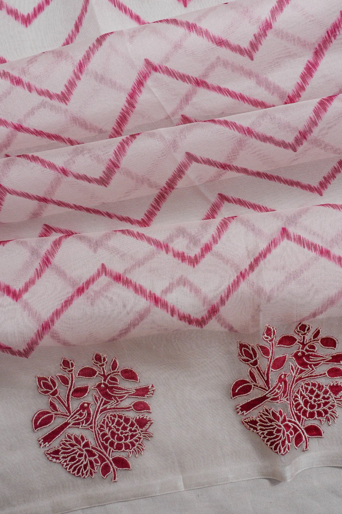 Organza Chevron Lines White Saree