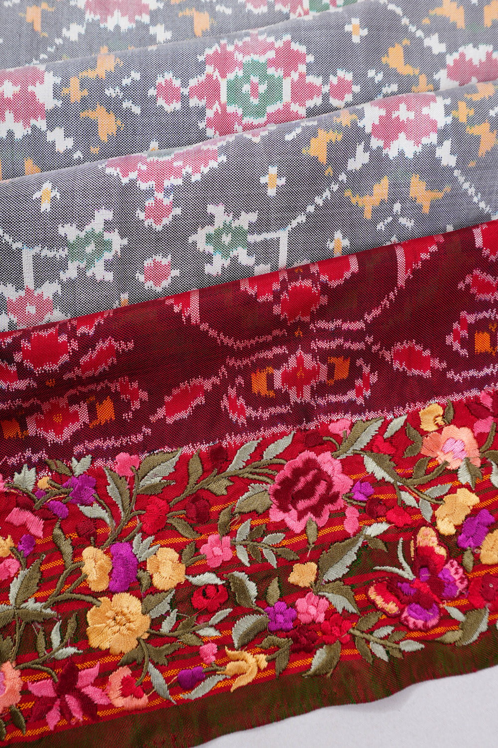 Pochampally Silk Ikat Grey Saree With Embroidery Border