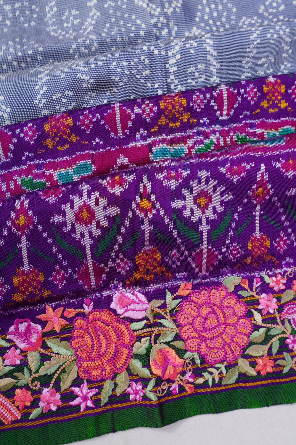 Pochampally Silk Ikat Grey Saree With Embroidery Border