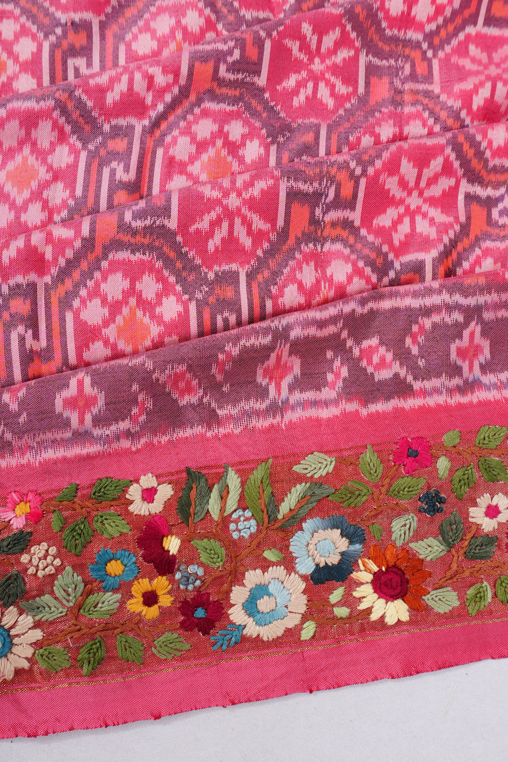Pochampally Silk Ikat Pink Saree With Embroidery Border