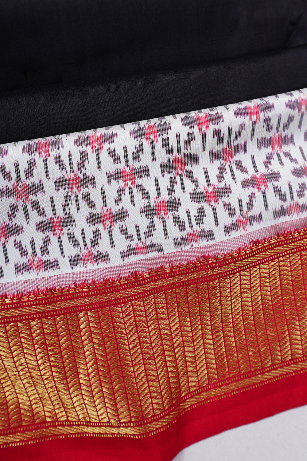 Kanchipuram X Pochampally Silk Ikat Black Saree With Embroidery Butta