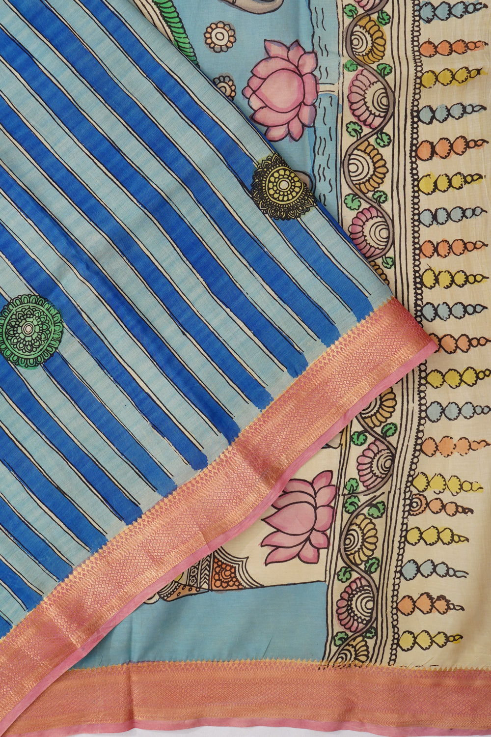 Kalamkari Silk Hand Painted Blue Saree
