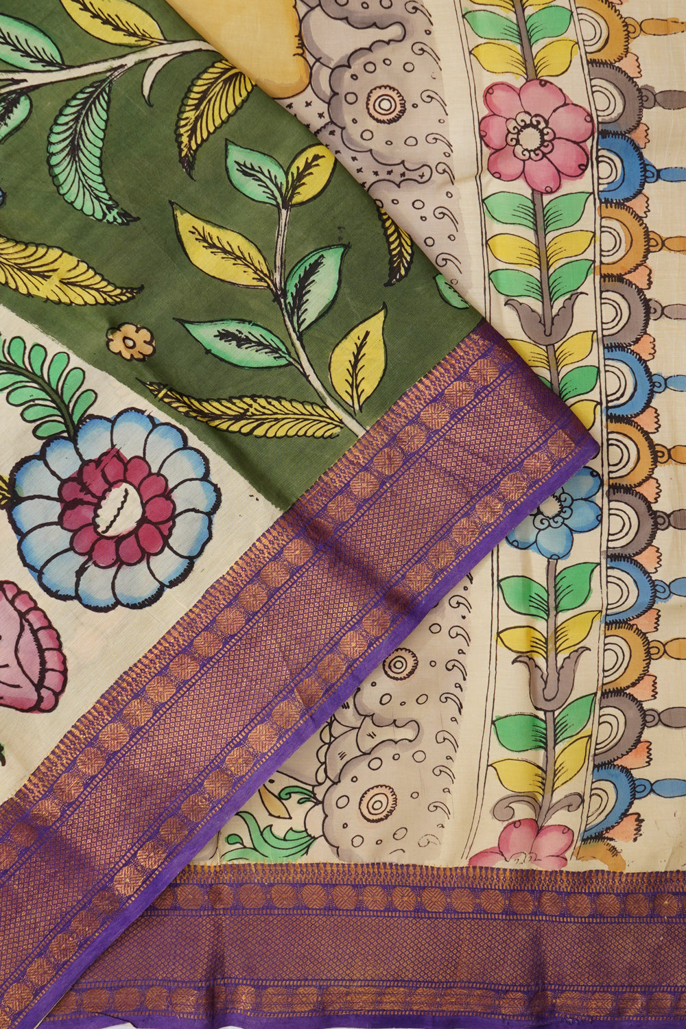 Kalamkari Silk Hand Painted Half And Half Green Saree