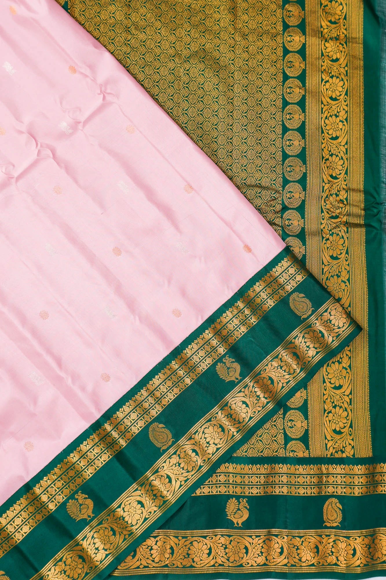 Gadwal Silk Butta Baby Pink Saree With Rettai Pettu Border