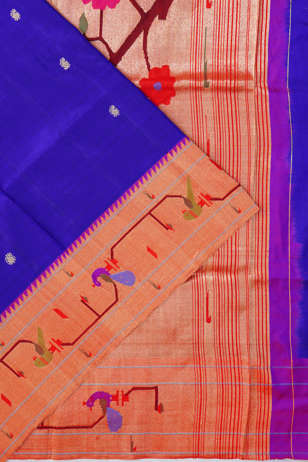 Paithani Silk Butta Royal Blue Saree With Akruthi Border