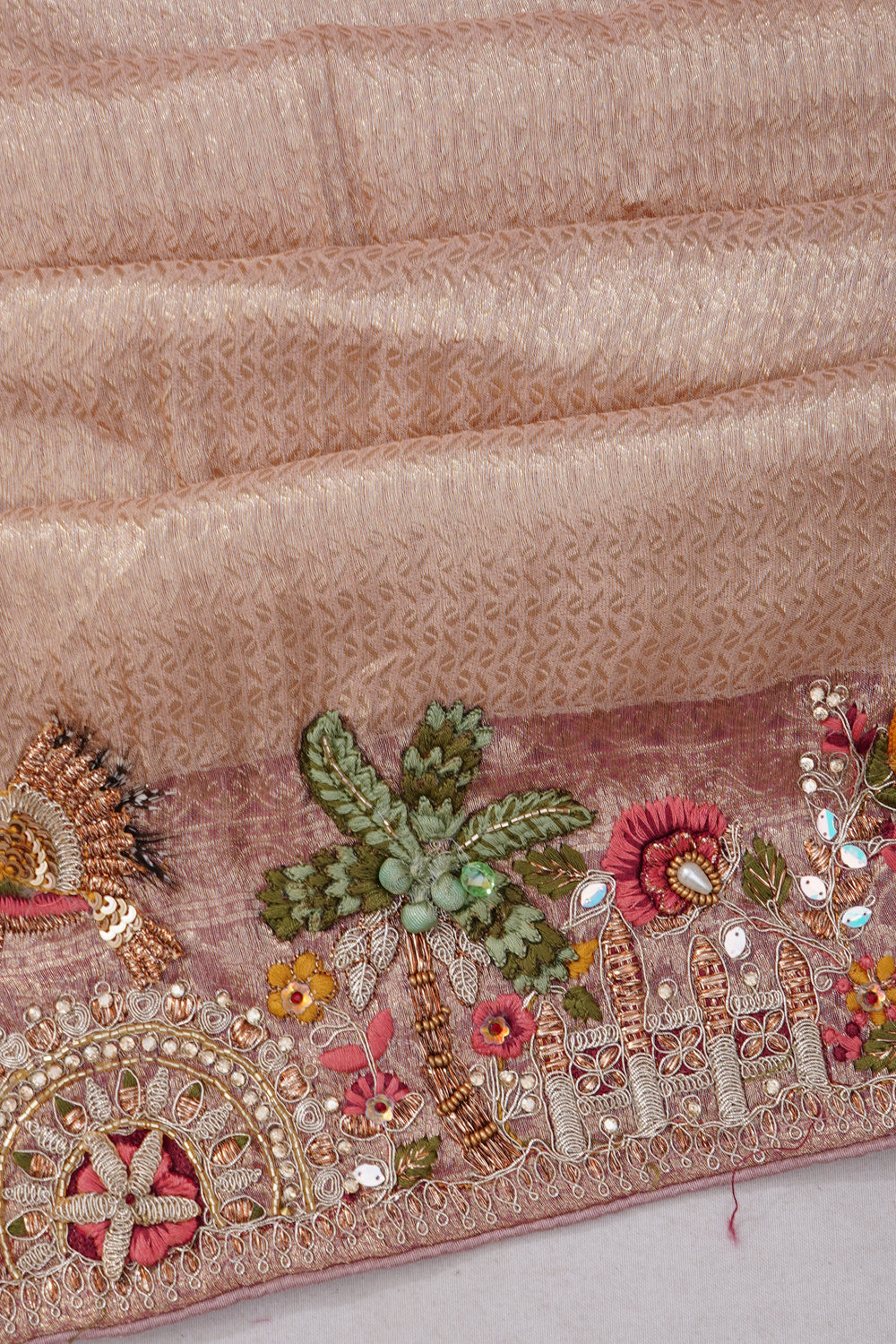 Vaanya Banaras Silk Brocade Peach Saree With Embroidery Border