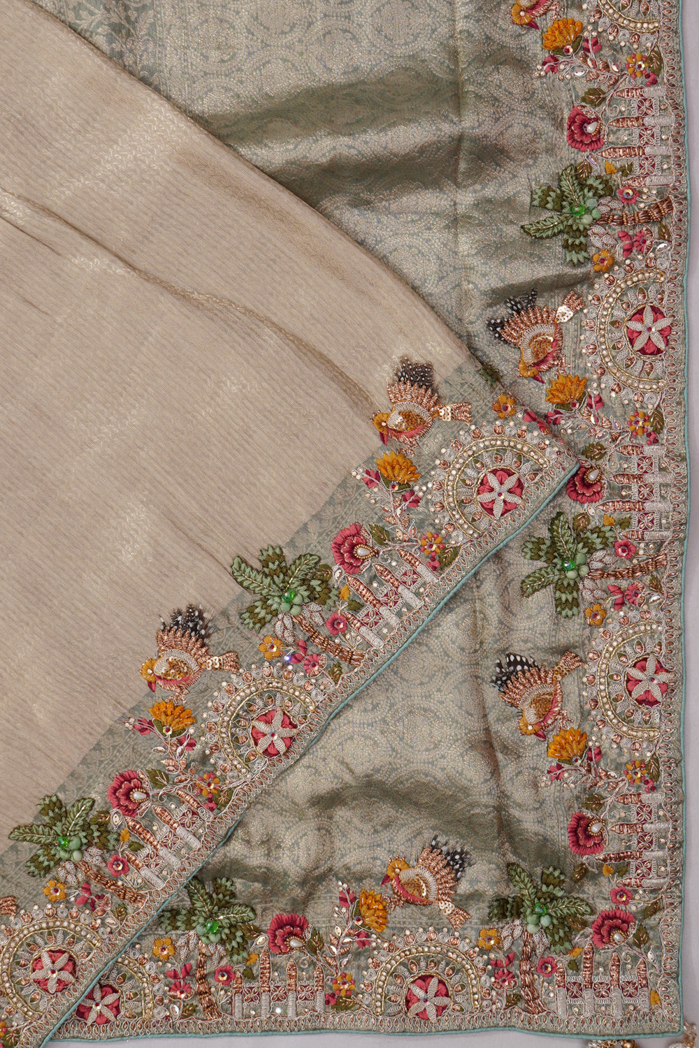Vaanya Banaras Silk Brocade Beige Saree With Embroidery Border