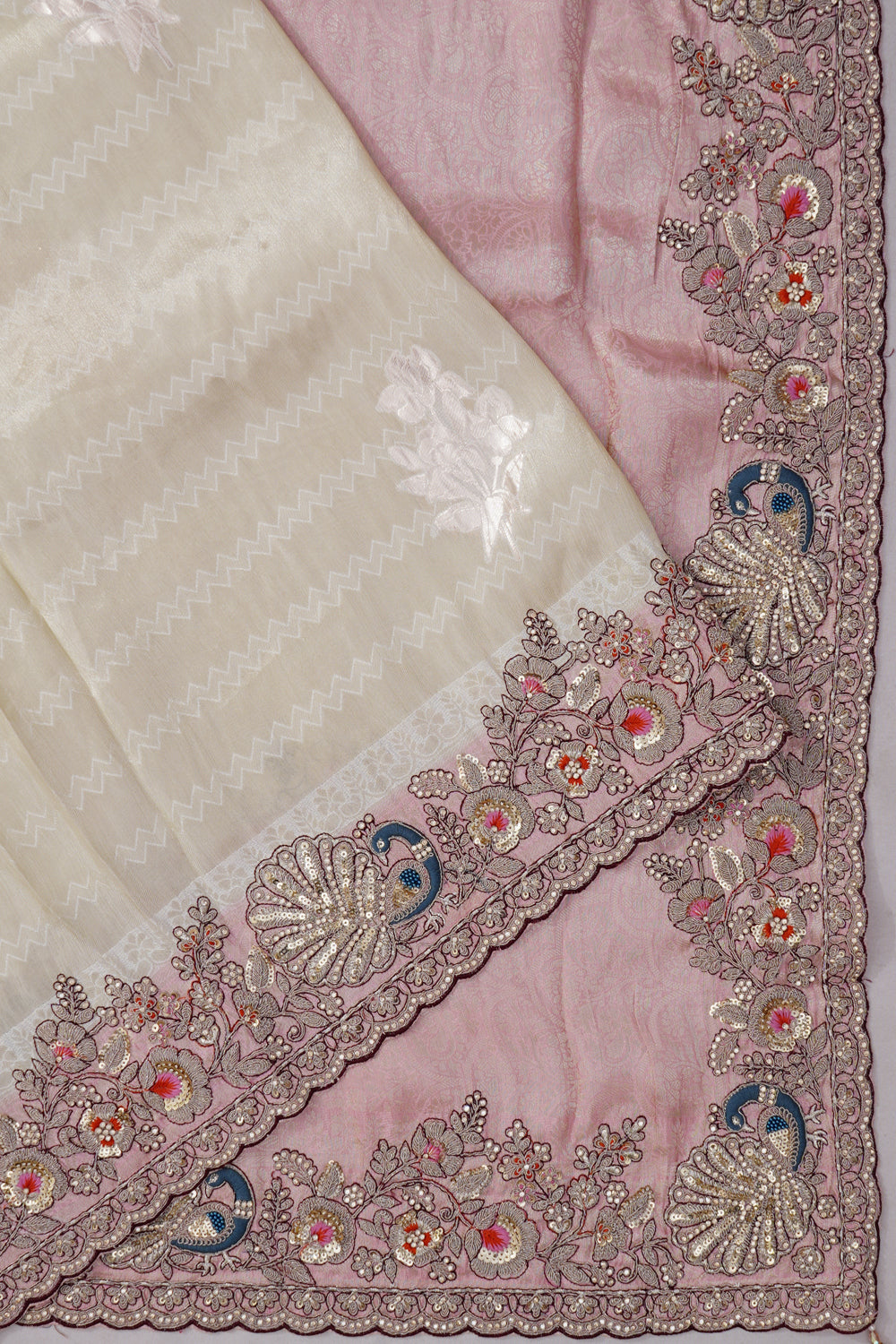 Vaanya Banaras Silk Brocade Beige Saree With Embroidery Border