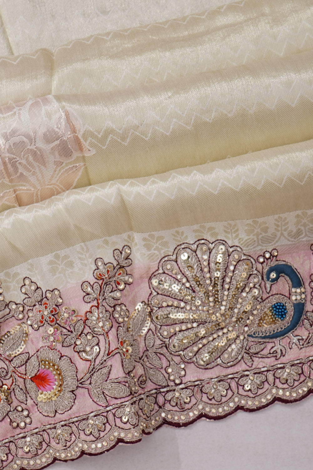Vaanya Banaras Silk Brocade Beige Saree With Embroidery Border