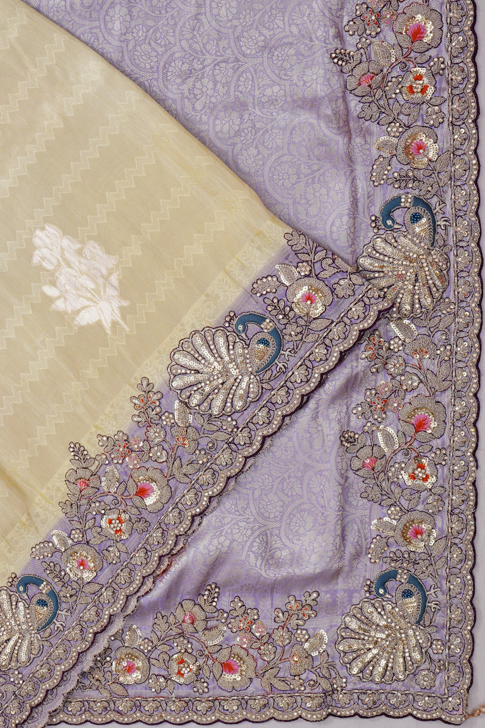 Vaanya Banaras Silk Brocade Pale Yellow With Embroidery Border
