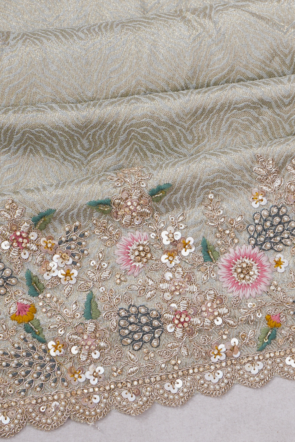 Vaanya Banaras Silk Brocade Silver Saree With Embroidery Border