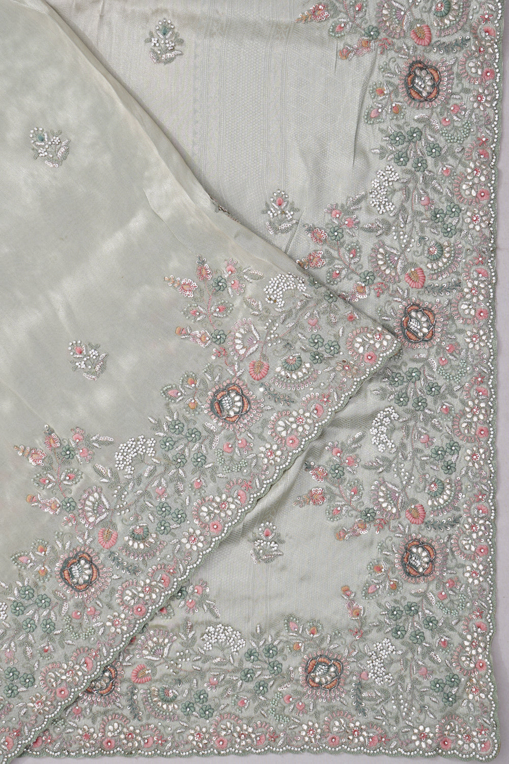 Vaanya Banaras Silk Brocade Silver Saree With Embroidery Border