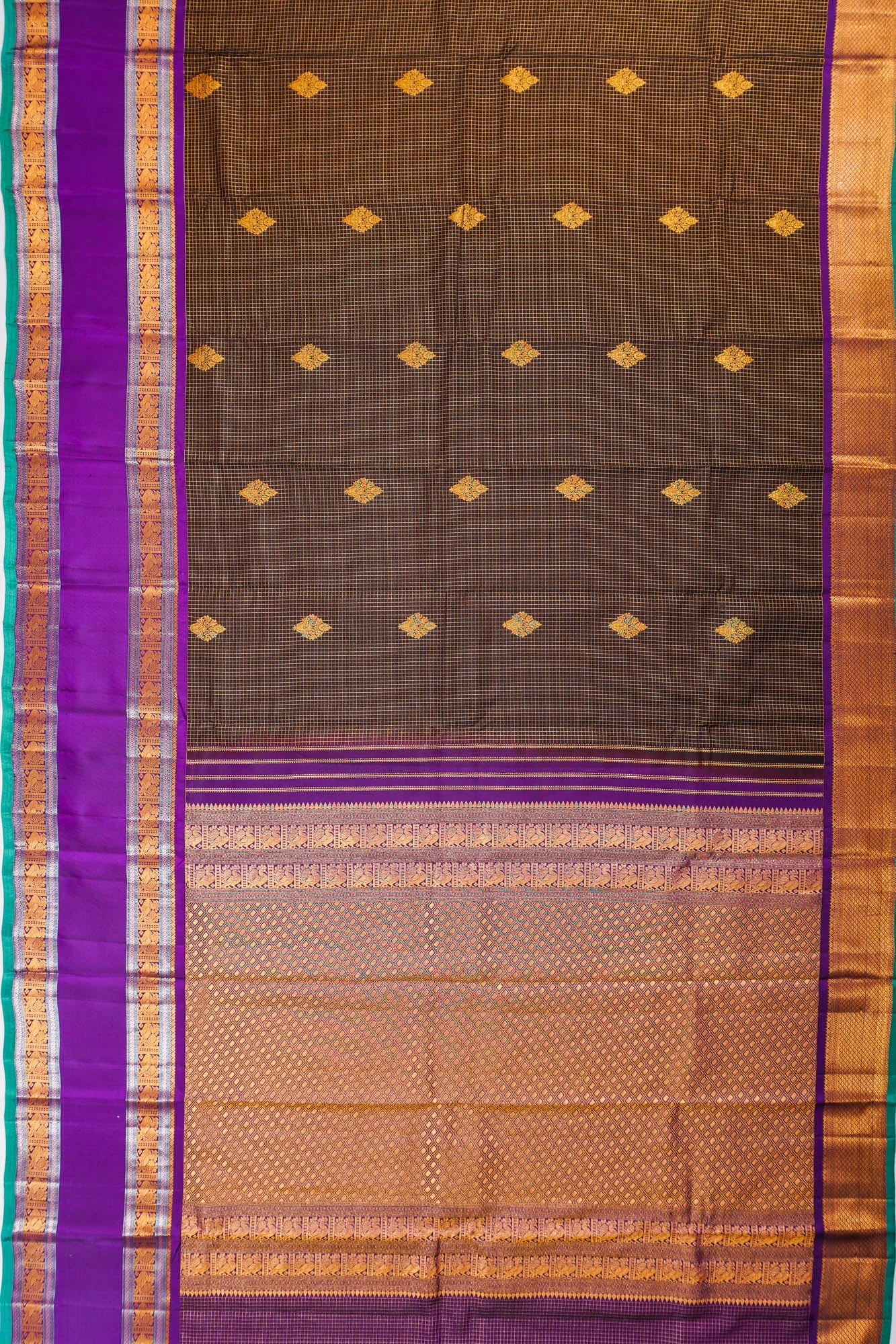 Taranga Kanchi Silk Checks And Butta Dark Brown Saree With Rettai Pettu Border