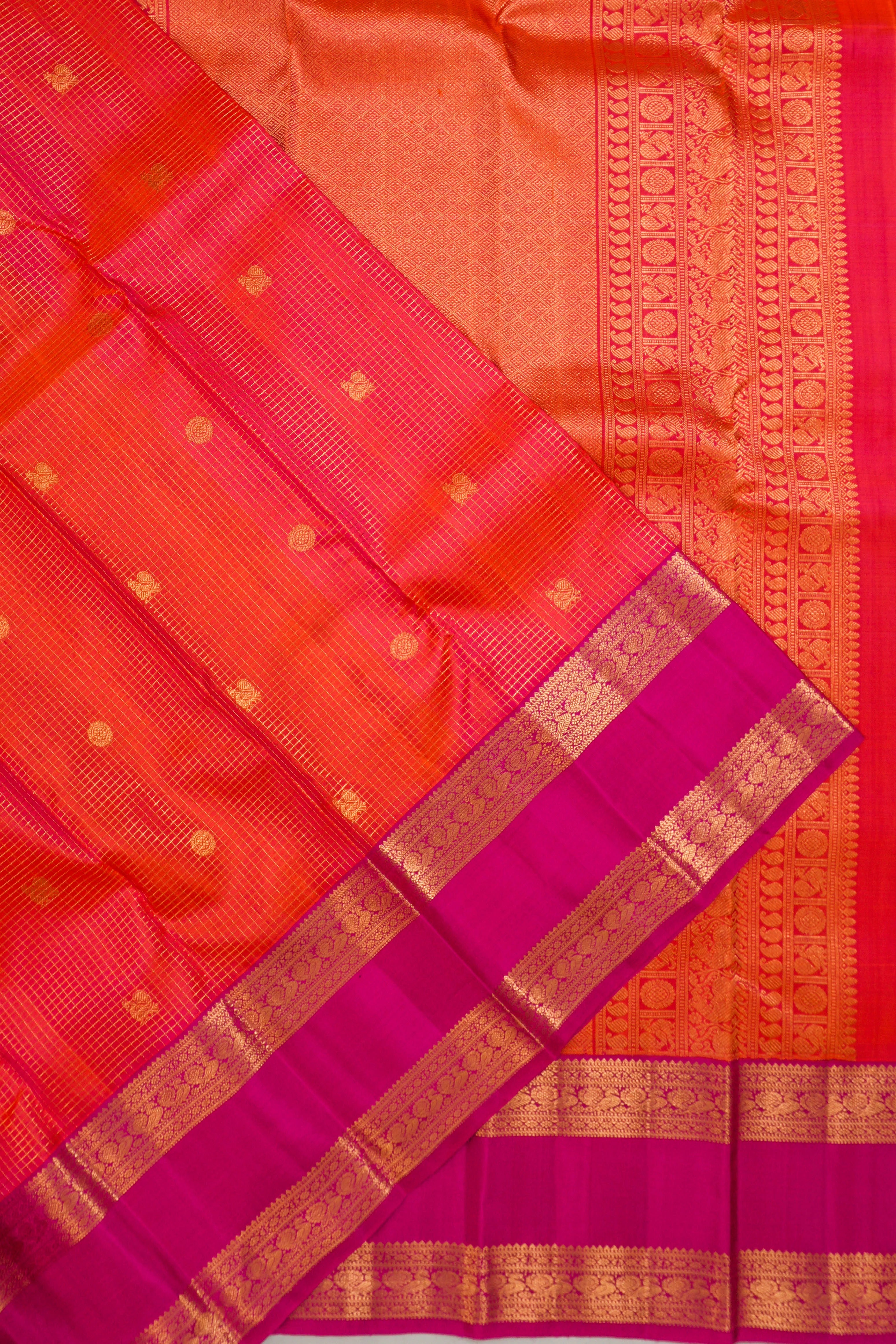 Venkatagiri Silk Checks And Butta Dual Tone Pink Saree With Rettai Pettu Border