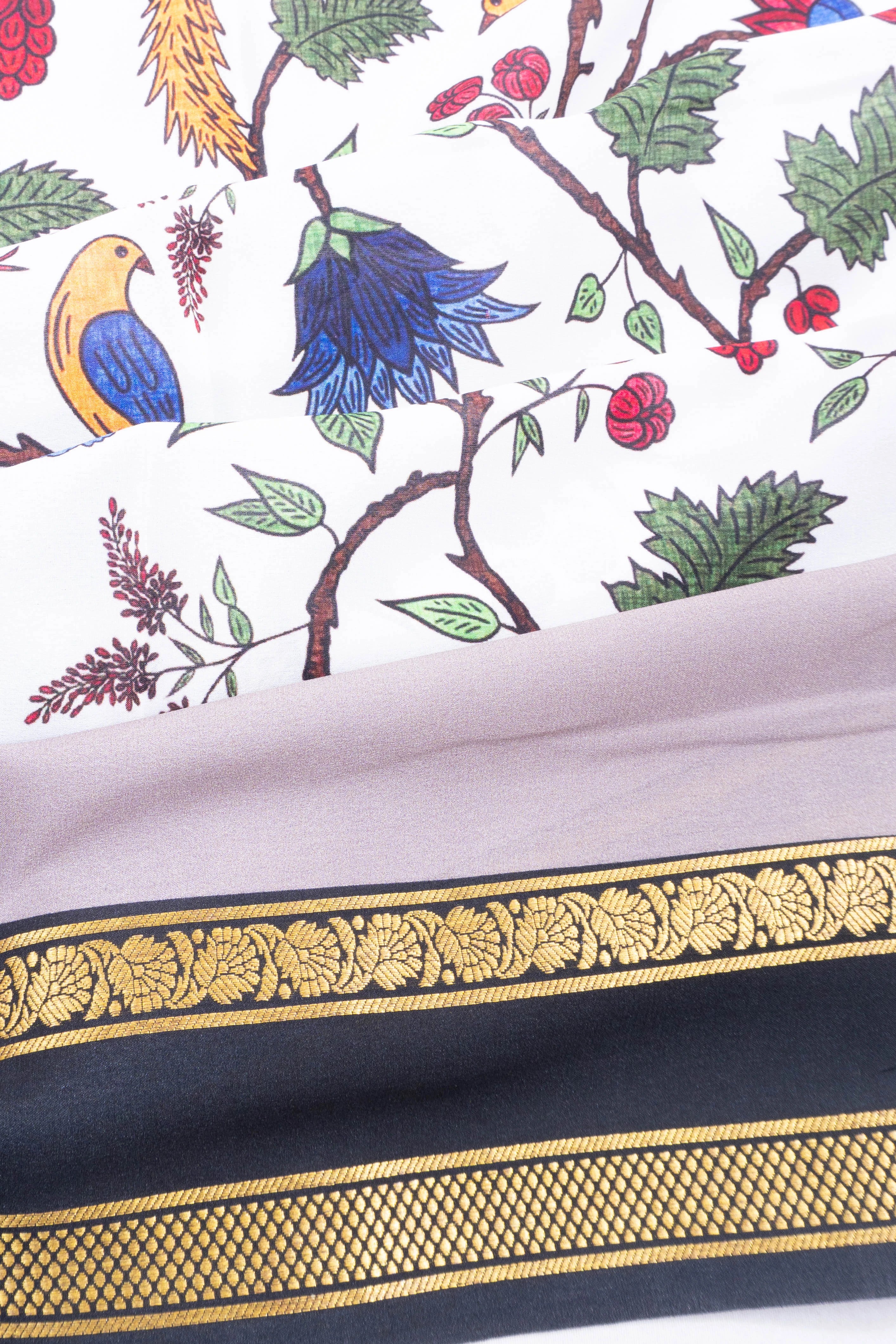 Mysore Silk Printed White Saree With Rettai Pettu Border