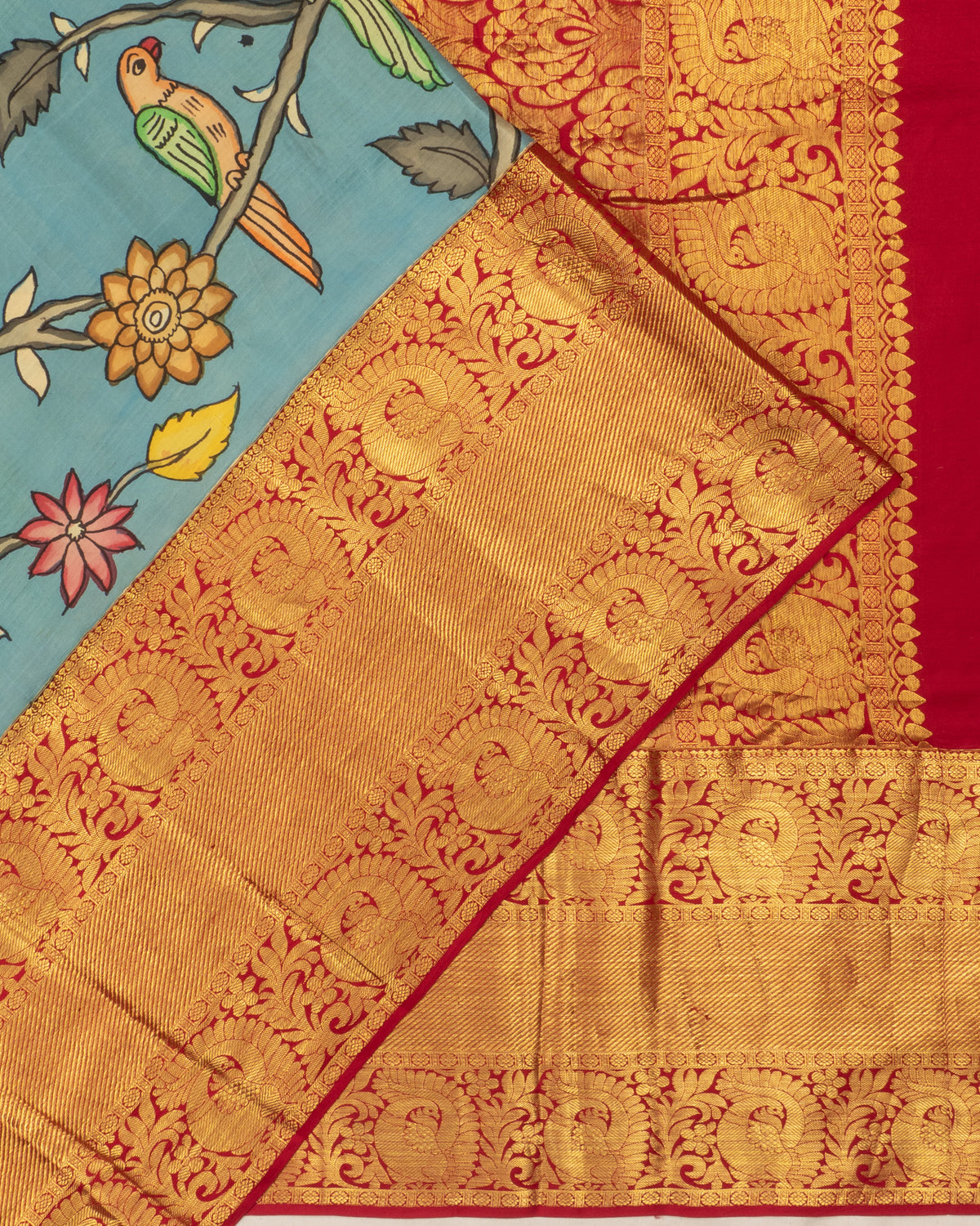 Kanchipuram Silk Kalamkari Hand Painted Blue Saree With Big Border