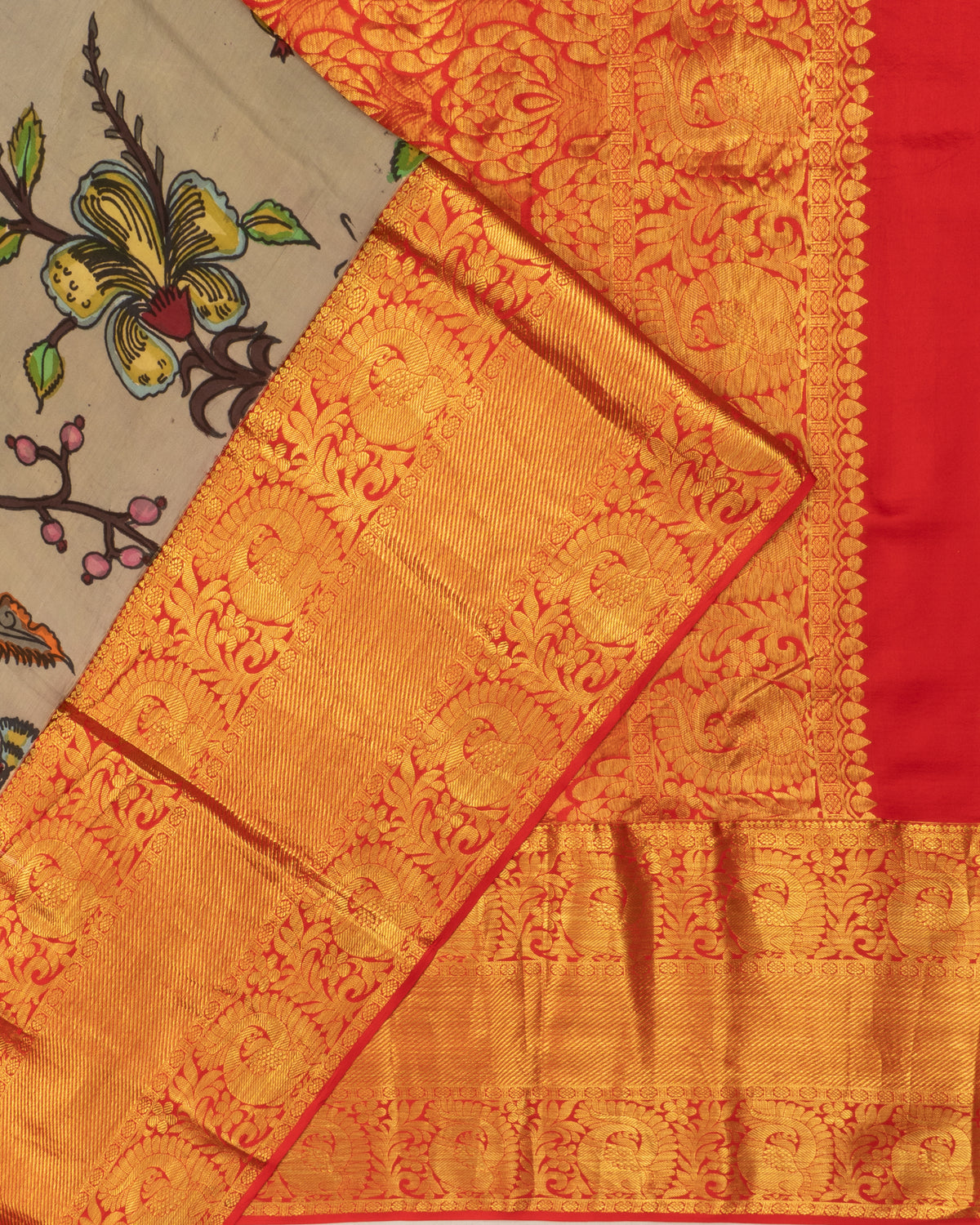 Kanchipuram Silk Kalamkari Hand Painted Brown Saree With Big Border