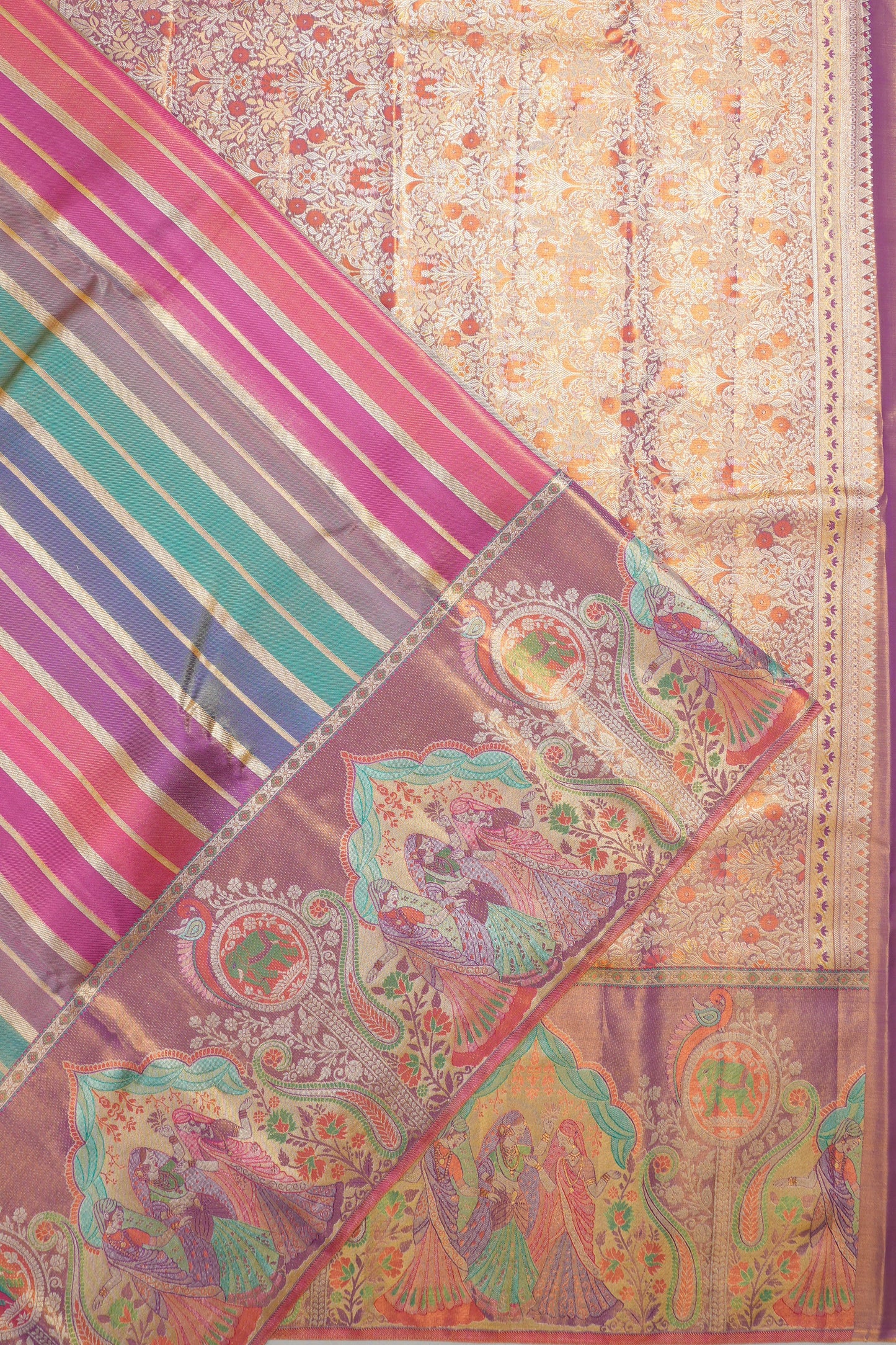 Kanchipuram Silk Tissue Lines Multicolor Saree