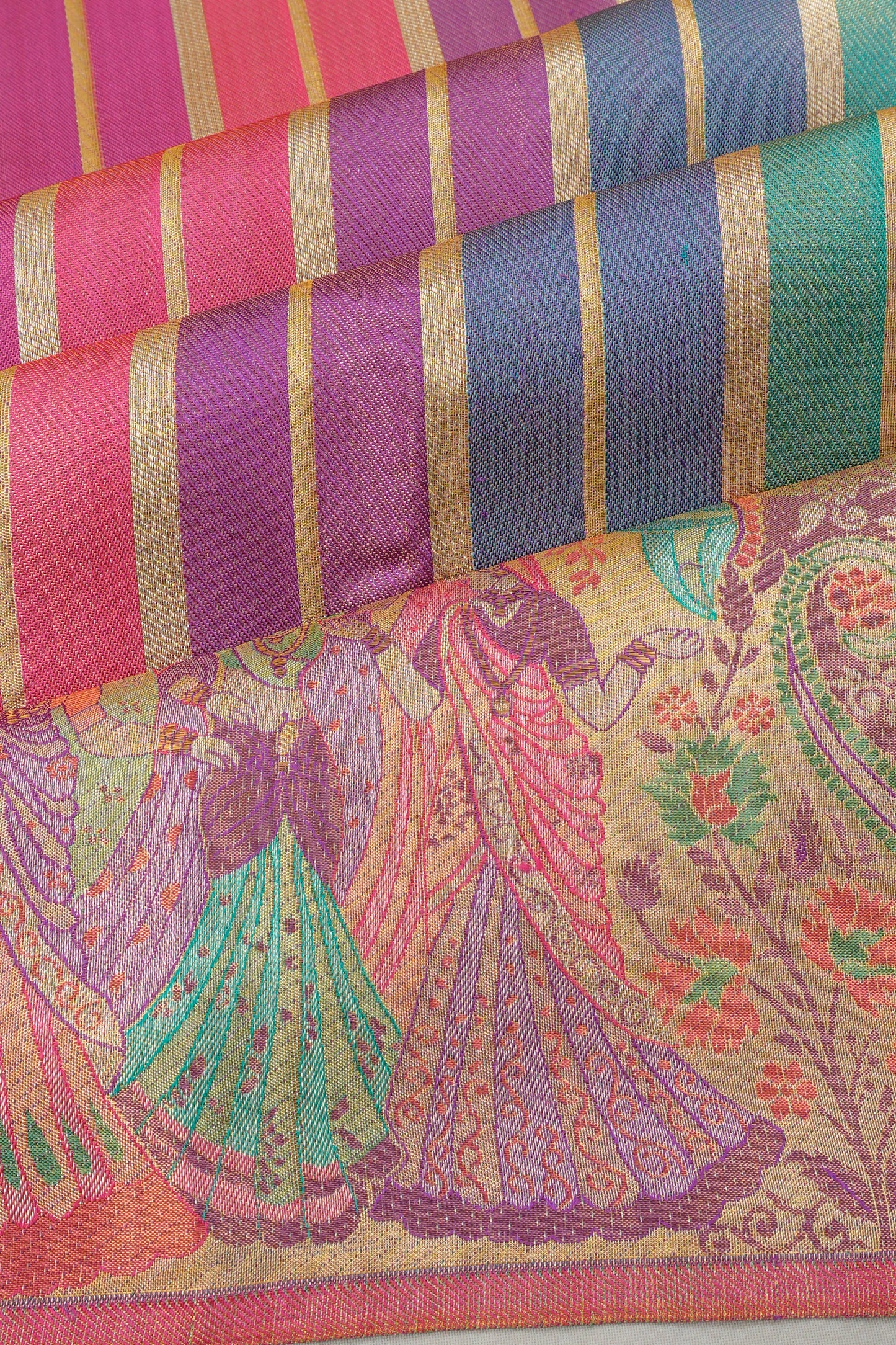 Kanchipuram Silk Tissue Lines Multicolor Saree
