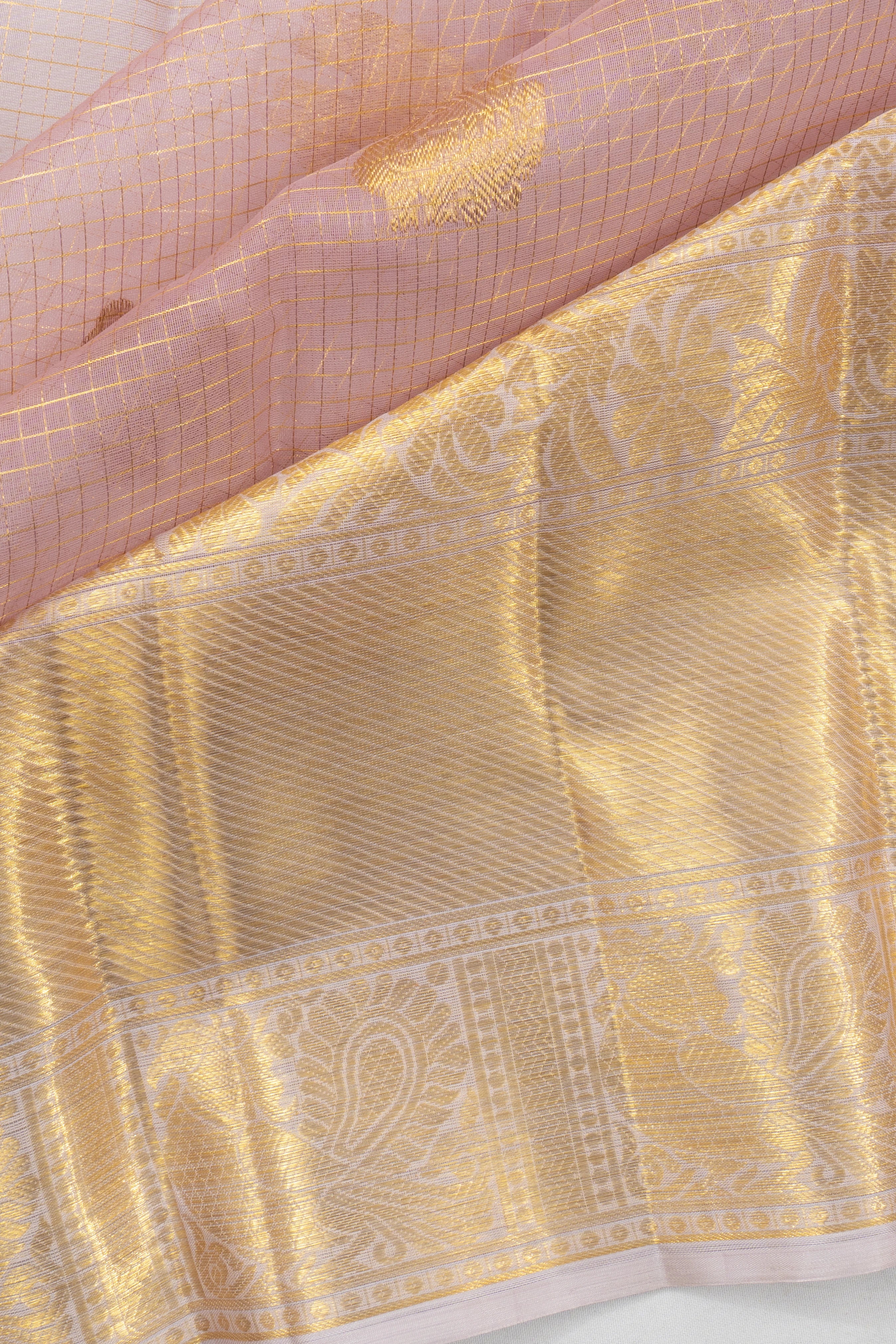 Kanchipuram Kora Organza Checks And Butta Baby Pink Saree