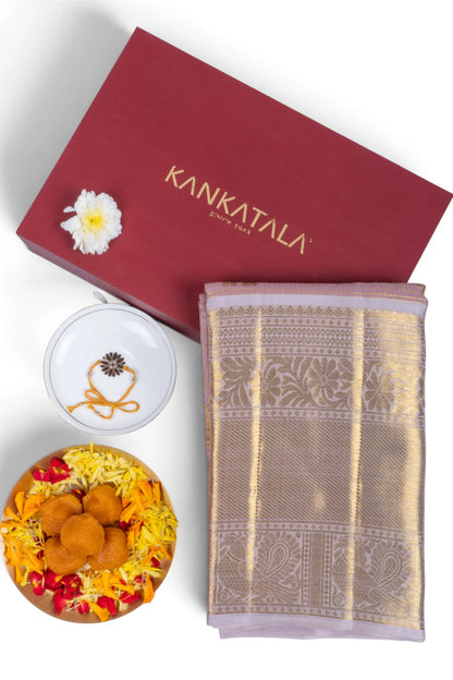 Kanchipuram Kora Organza Checks And Butta Baby Pink Saree With Gift Box And Rakhi