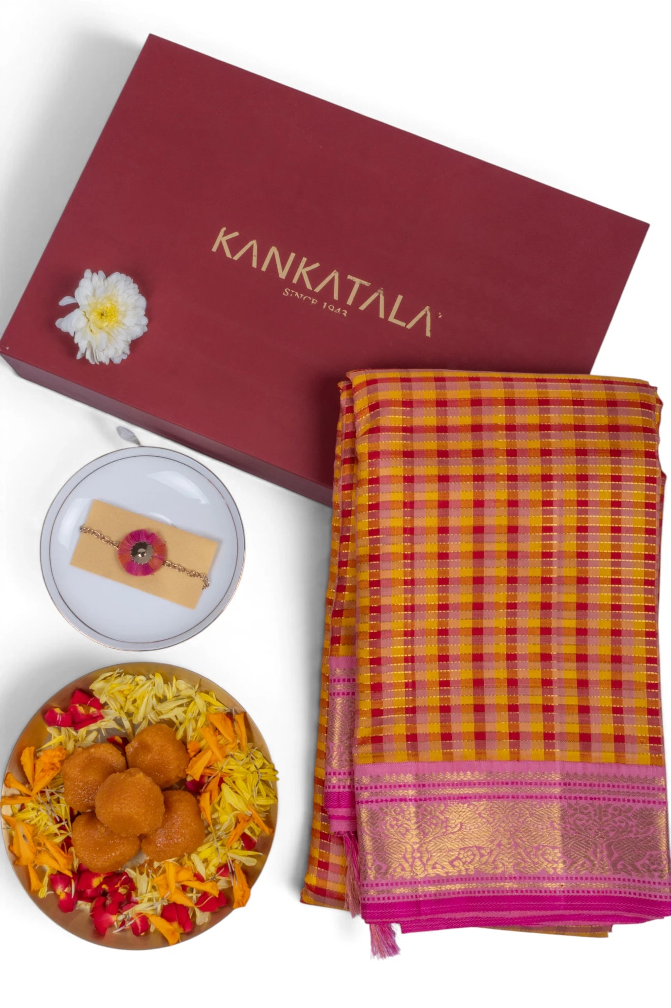 Classic Kanchipuram Silk Checks Multicolour Saree With Gift Box And Rakhi