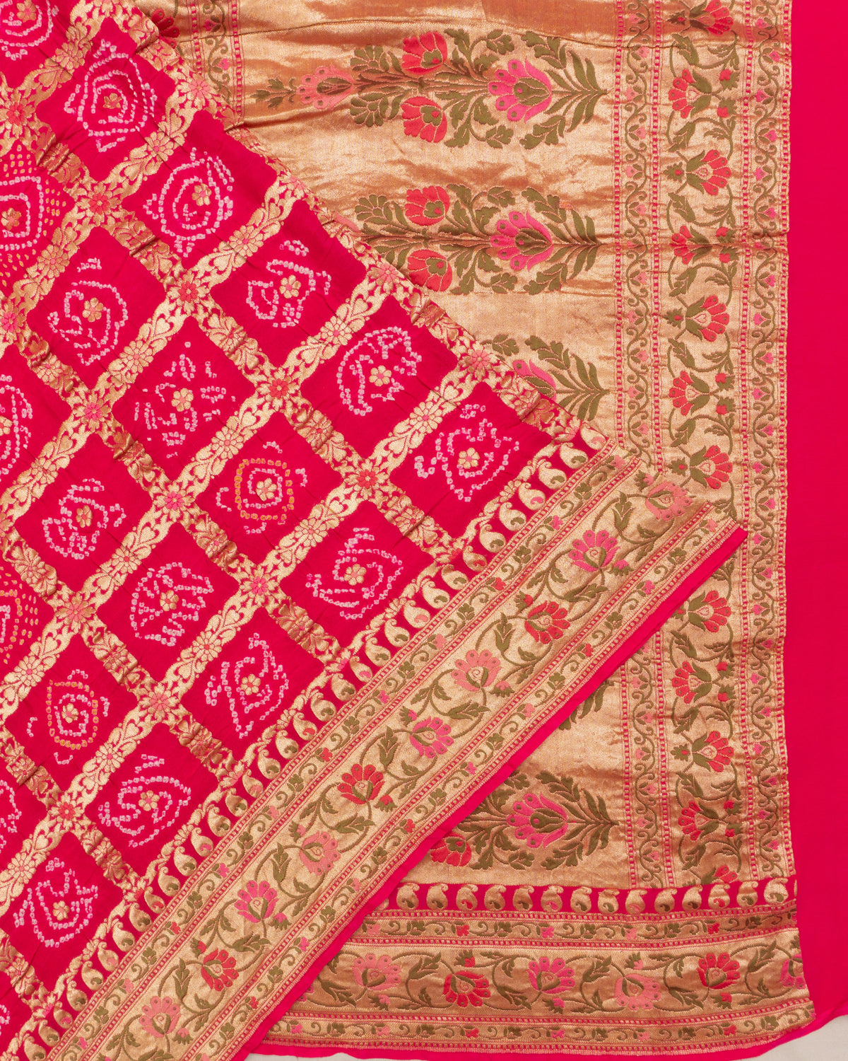 Banarasi Silk Bandhani Checks And Butta Pink Saree