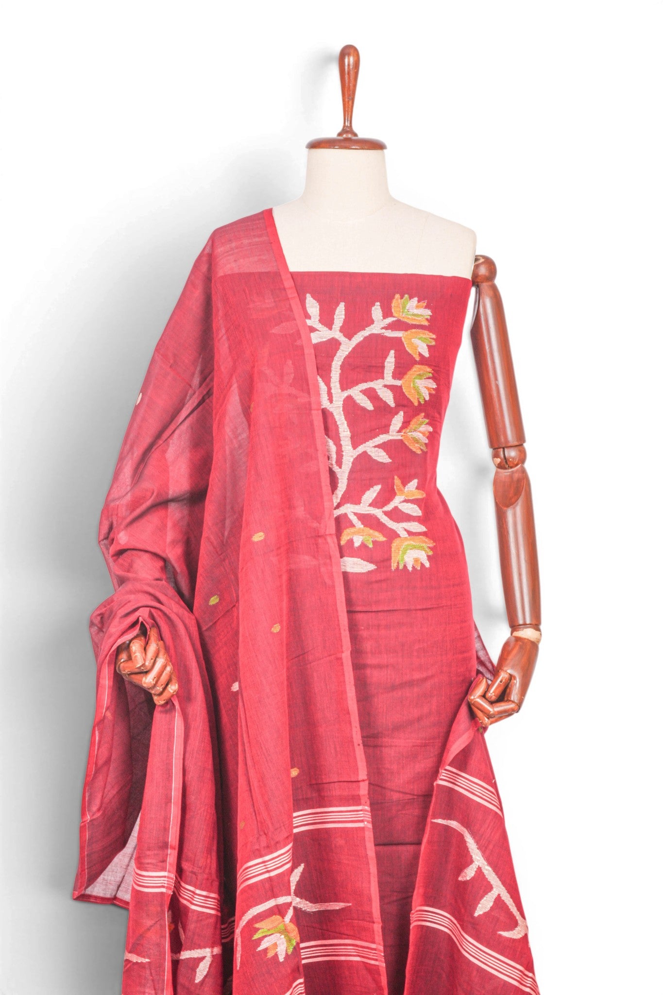 Phulia Cotton Jamdani Pink Salwar Suit Set W/O Bottom