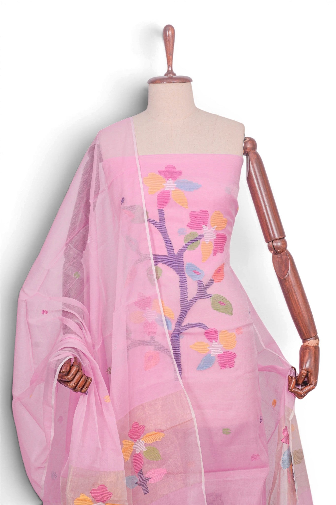 Phulia Cotton Jamdani Baby Pink Salwar Suit Set W/O Bottom